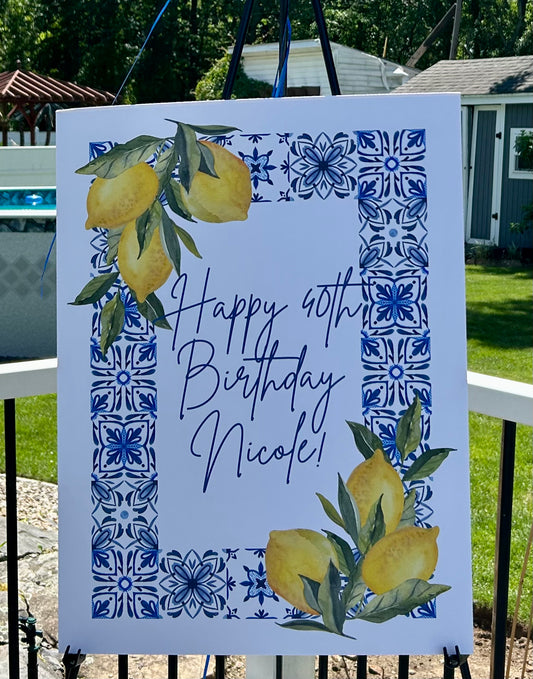 Custom Entrance Sign with lemons and decorative border on a stand outdoors